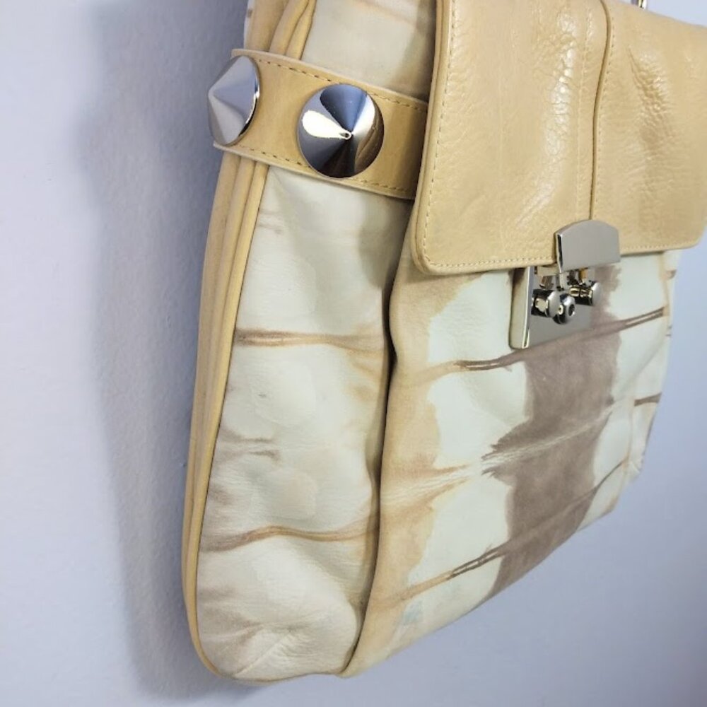 Women's Leather & Suede Shoulder Handbag Beige Cream Studded Neutral FLAWS - Picture 2 of 16